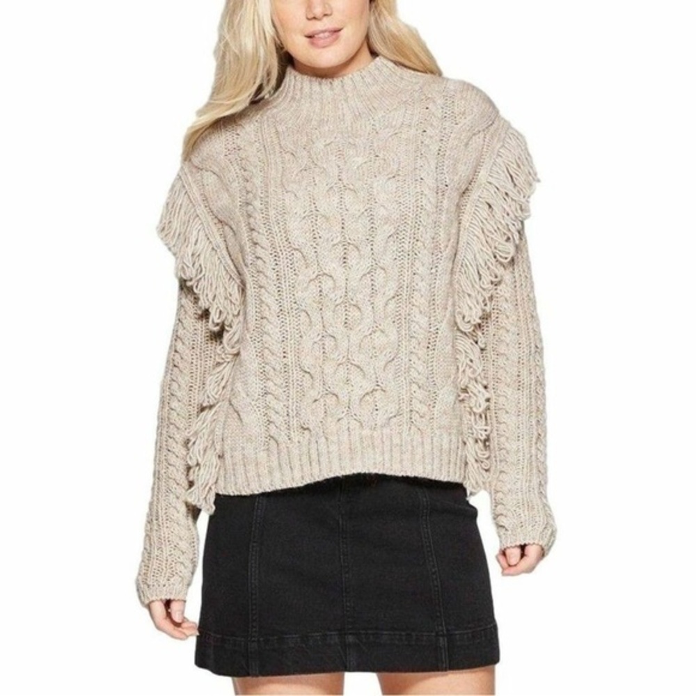 Universal Thread Mock Neck Fringe Cable Knit Pullover Sweater Sz Small